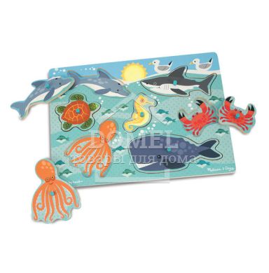 MD9055 Sea Creatures Peg Puzzle - 6 Pieces (Рамка-вкладыш "Морские обитатели"), От 2 лет, Пазлы деревянные