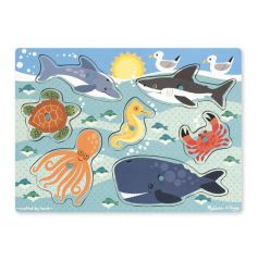 MD9055 Sea Creatures Peg Puzzle - 6 Pieces (Рамка-вкладиш "Морські мешканці"), Від 2 років, Пазли дерев'яні