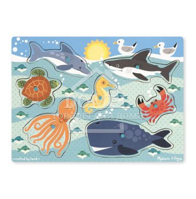 MD9055 Sea Creatures Peg Puzzle - 6 Pieces (Рамка-вкладыш "Морские обитатели"), От 2 лет, Пазлы деревянные