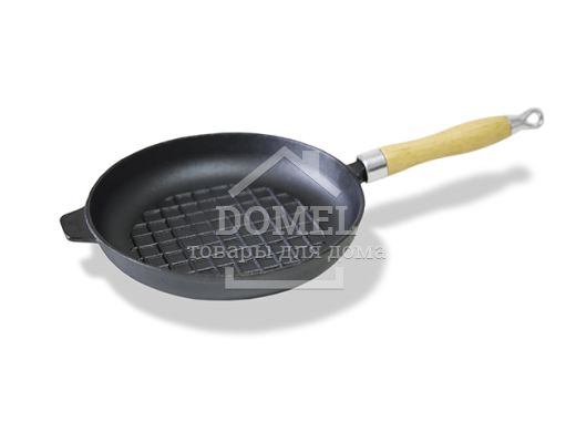 Сковорода для жарки 23x4 см с рифленым дном и деревянной ручкой (чугун)
