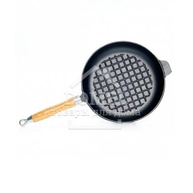 Сковорода для жарки 23x4 см с рифленым дном и деревянной ручкой (чугун)