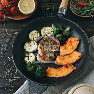 Пательня для смаження 27x4,8 см з рифленим дном і дерев'яною ручкою (чавун)